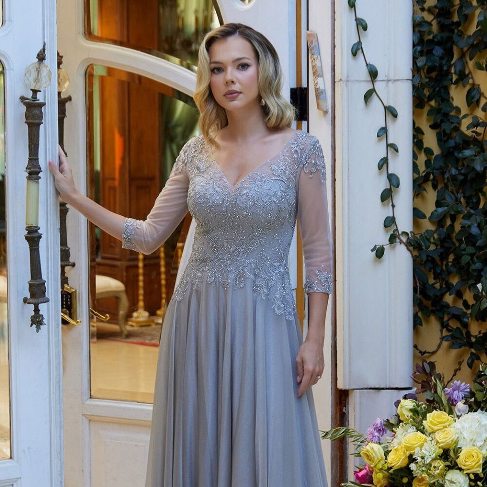 New A-Line Chiffon Mother Of Bride Gown W/ Beads Embroidery & 3/4 Gl3572